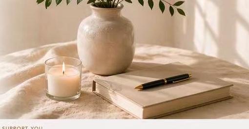 Still life with candle, journal, and vase